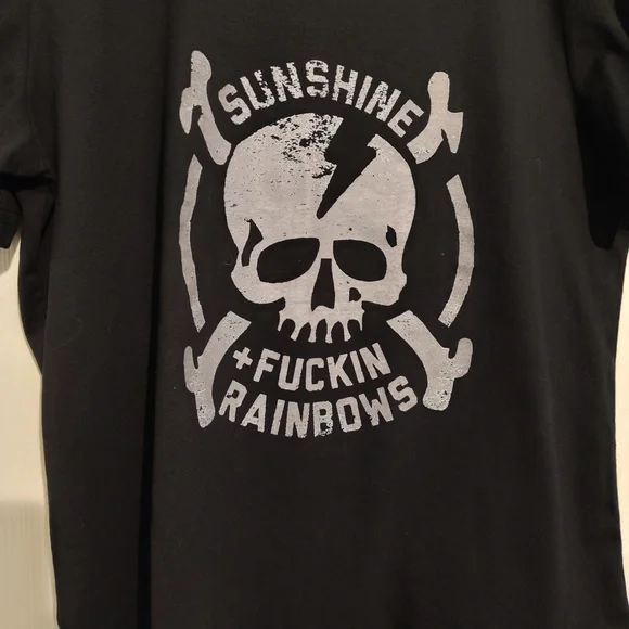 📌RESERVED📌Sunshine Fxckin Rainbows Skull Graphic Tee Black Punk Rock Gym Sh - Picture 2 of 6